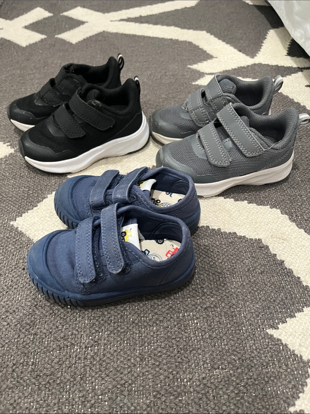 Size 5 Velcro Shoes in Black, Gray and Navy